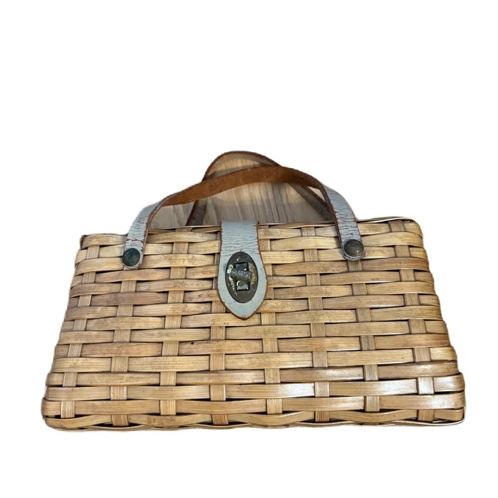 Woven Wicker Handbag Top Handle 1950s Fabric Interior Day Purse, Kitsch Style